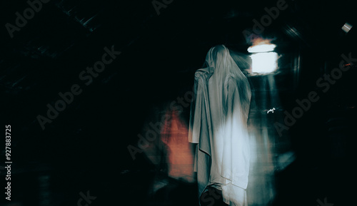 Принти на полотні blurred image of ghost in the attic haunted house for Halloween