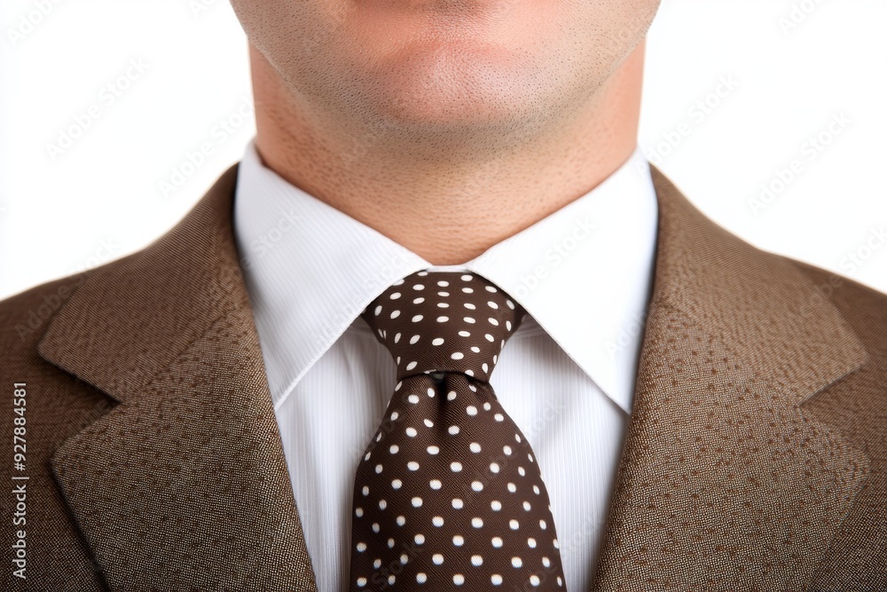 A close up portrait of a man in a brown suit with a polka dot tie highlighting the confidence style and timeless appeal of classic menswear in a modern professional setting A close up portrait of a man in a brown suit with a polka dot tie highlighting the confidence style and timeless appeal of classic menswear in a modern professional setting