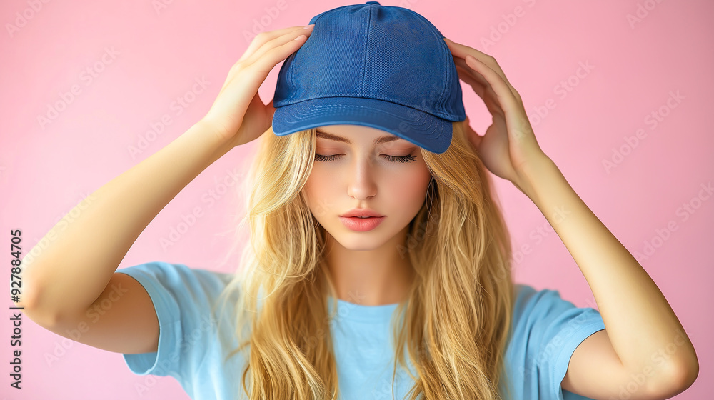 Girl showing baseball cap on head as mockup Girl showing baseball cap on head as mockup