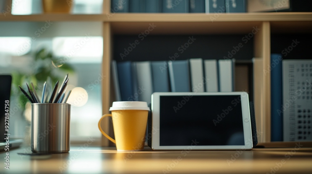 Modern Minimalist Workspace with Tablet and Coffee Modern Minimalist Workspace with Tablet and Coffee