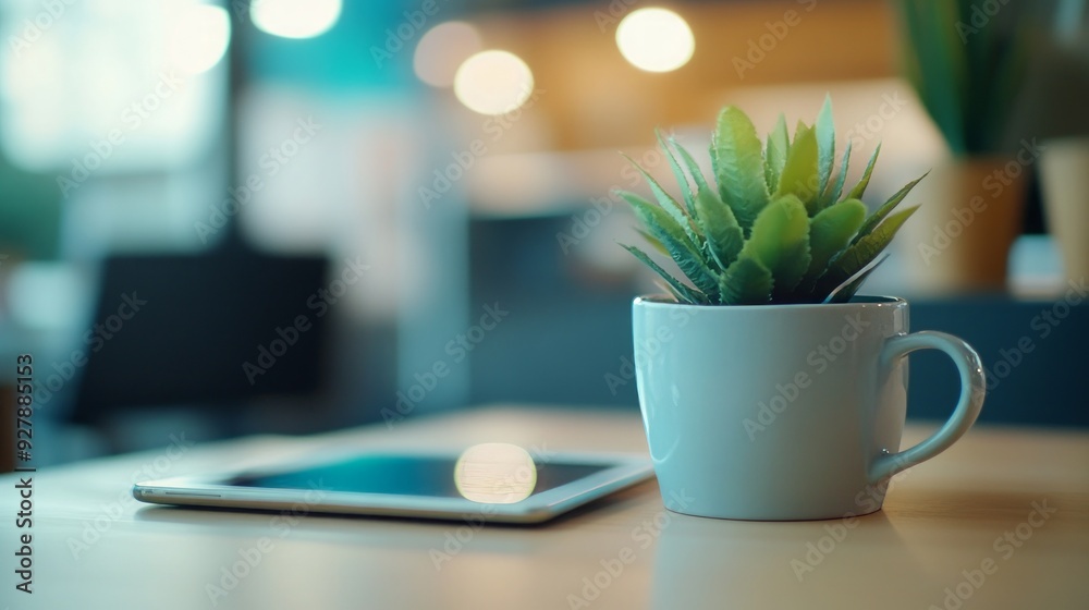 Minimalist Workspace with Plant and Tablet Minimalist Workspace with Plant and Tablet