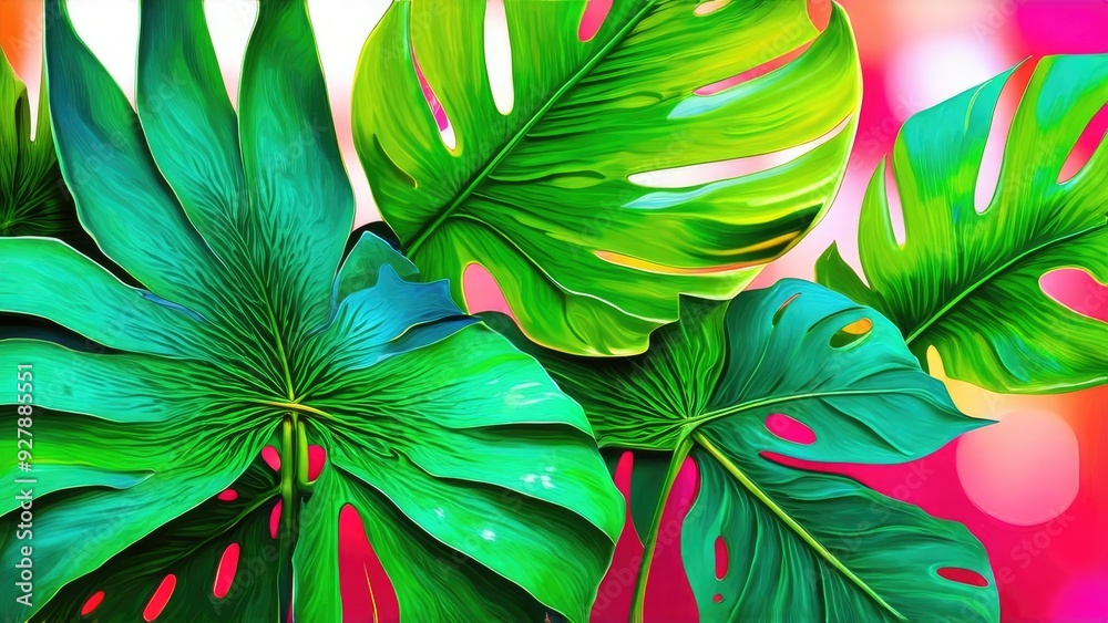 Tropical leaves in oil painting style. Bright colorful summer background. Tropical leaves in oil painting style. Bright colorful summer background.