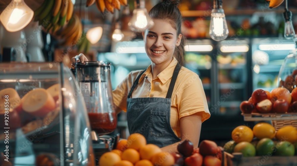 A female is making a healthy smoothie drink with a blender mixer in fruit drink store A female is making a healthy smoothie drink with a blender mixer in fruit drink store