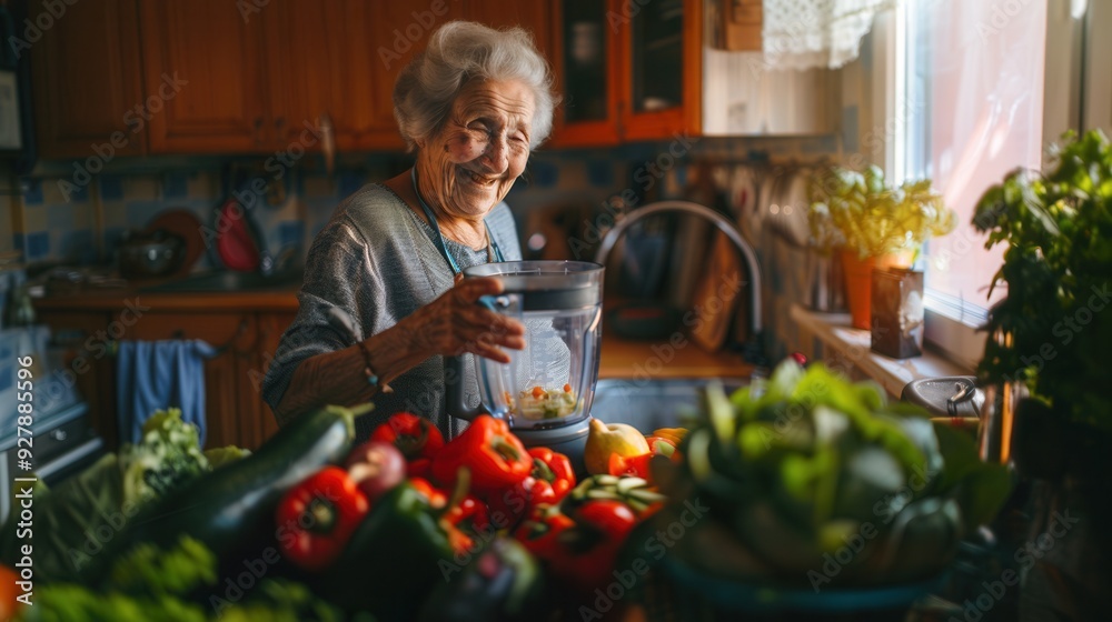 A senior female is making a healthy smoothie drink with a blender mixer in kitchen A senior female is making a healthy smoothie drink with a blender mixer in kitchen
