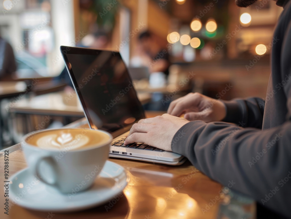 Man working on laptop in a cozy caf? while enjoying coffee in the afternoon Man working on laptop in a cozy caf? while enjoying coffee in the afternoon