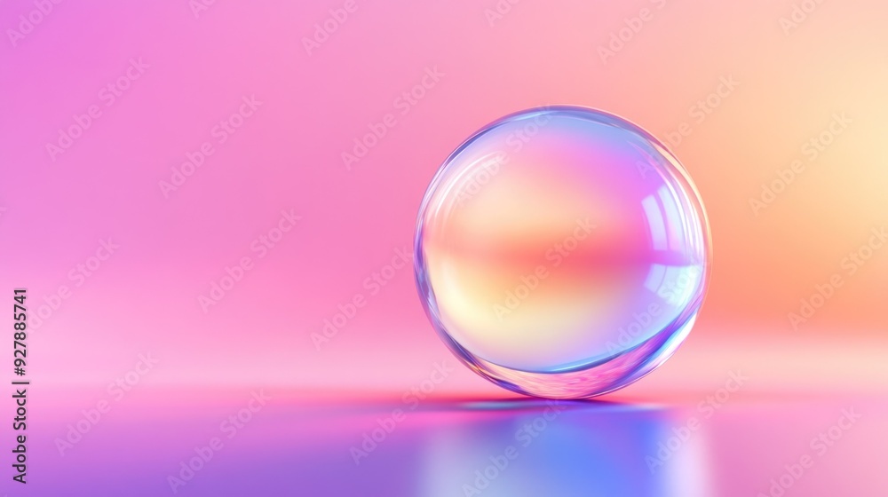 An iridescent glass sphere is placed on a reflective surface with a dreamy pastel pearl background. Concept of glass elements, glassmorphing, elegance and surreal beauty An iridescent glass sphere is placed on a reflective surface with a dreamy pastel pearl background. Concept of glass elements, glassmorphing, elegance and surreal beauty