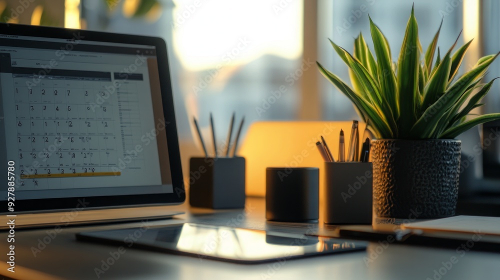 Fototapeta premium Minimalist Workspace with Laptop, Plant, and Calendar