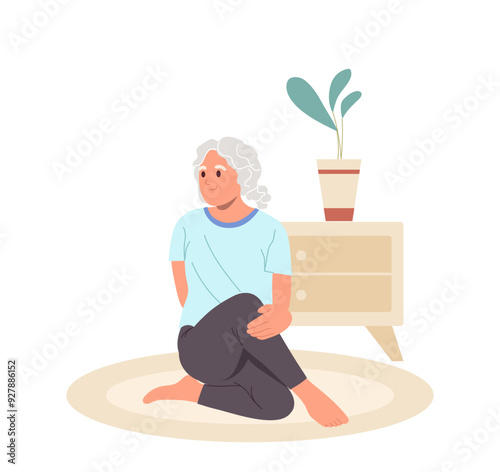 Happy elderly woman cartoon character doing yoga stretching exercise on fitness mat at home