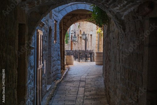 Obraz na płótnie Romantic old narrow cobbled streets and passages in the old town of Rab, Croatia w salonie