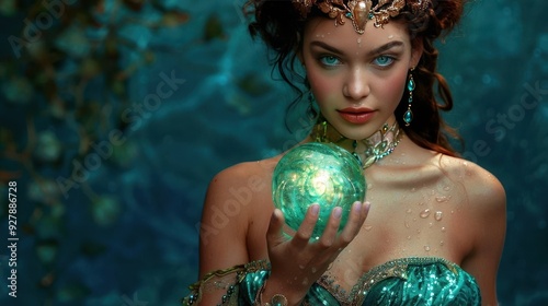 Water nymph holding a glowing, magical orb, water nymph, elemental enchantress photo