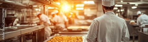 High Energy Food Factory Scene with Workers and Machinery in Vibrant Lighting Ideal for Advertisement Banner.