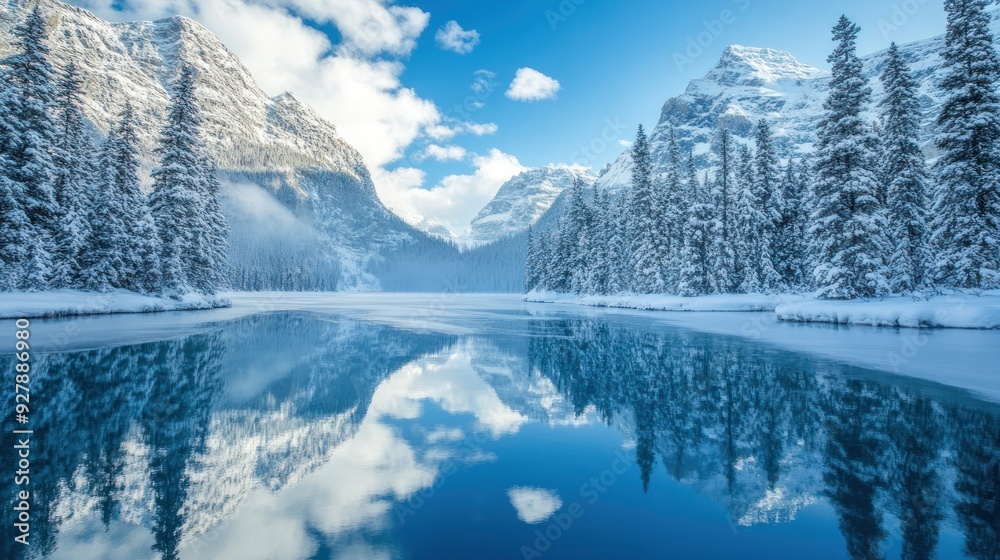 Fototapeta premium Snow-capped Mountains Reflected in a Frozen Lake