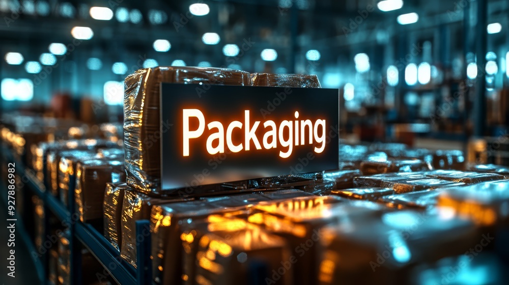 Busy Packaging Factory Interior with 3D Text Sign | Vibrant Industrial Scene for Branding | Close-Up Shot with Text Space Busy Packaging Factory Interior with 3D Text Sign | Vibrant Industrial Scene for Branding | Close-Up Shot with Text Space