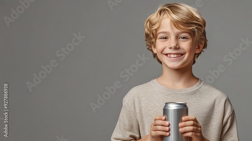 Happy young boy holding soda can on grey background with copy space for text in studio light