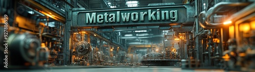 Industrial Metalworking Scene with Bold Green Text and Machinery Background - Strong and Rugged Factory Setting for Text Placement