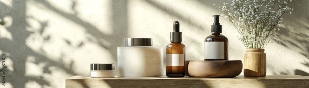 Skincare Routine Setup with Neatly Arranged Products in Muted Indoor Setting | Advertisement Banner with Copy Space for Text Skincare Routine Setup with Neatly Arranged Products in Muted Indoor Setting | Advertisement Banner with Copy Space for Text