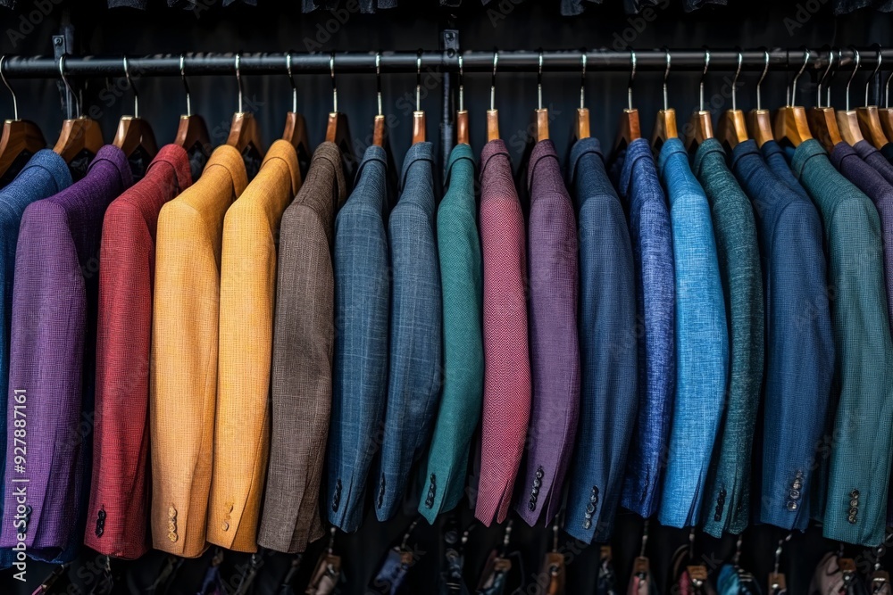 A vibrant selection of mens blazers in various colors hanging neatly in a retail store representing the diversity and energy in contemporary mens fashion A vibrant selection of mens blazers in various colors hanging neatly in a retail store representing the diversity and energy in contemporary mens fashion