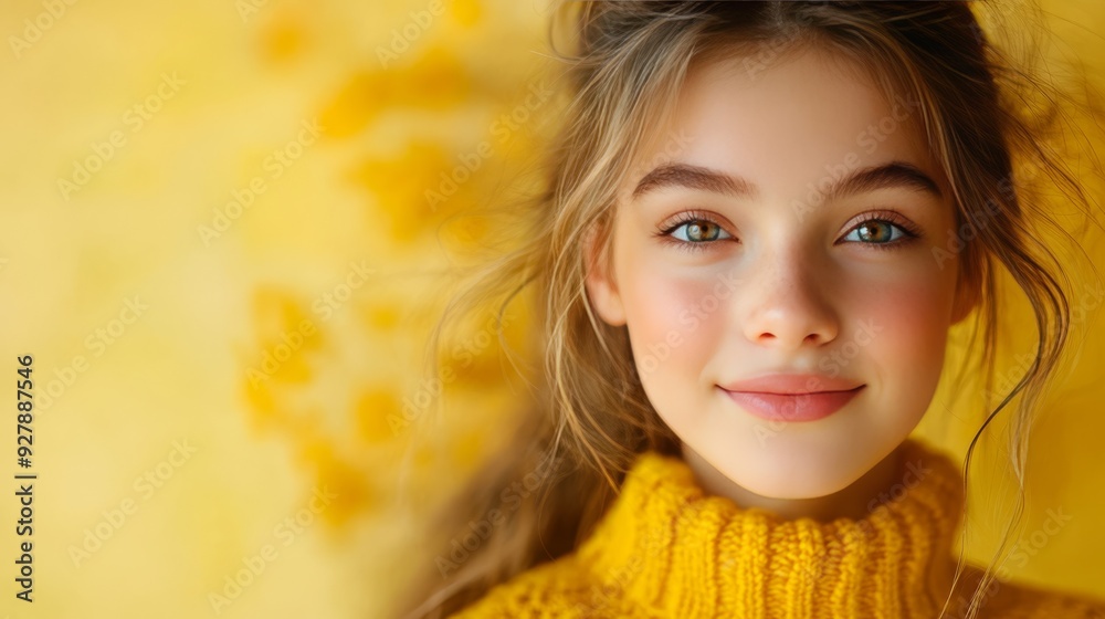 Fototapeta premium Fashionable Teenager Presenting Hair Serum on Yellow Clean Background with Studio Lighting and Copy Space for Text.