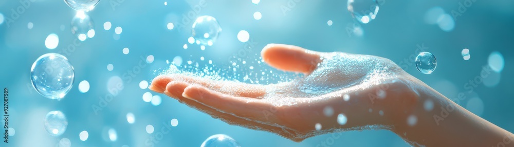 Fototapeta premium Elegant 3D Hand Washing Advertisement with Soap Bubbles on Blue Background - Clean Hands Illustration with Space for Text in Stylish Typography
