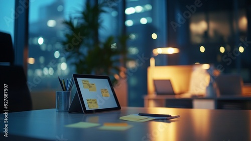 Modern Office Desk at Night with City View