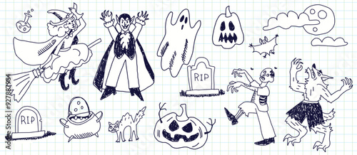 vector set of doodles halloween characters and things