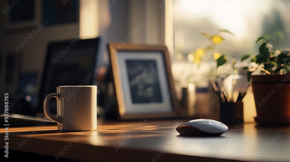 Minimalist Home Office Desk with Sunlight and Coffee Mug Minimalist Home Office Desk with Sunlight and Coffee Mug
