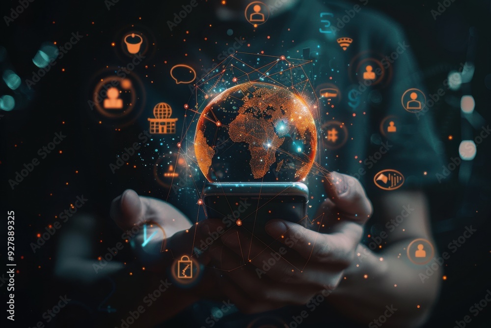 A person holding a smartphone with a glowing digital globe and interconnected network icons hovering above, symbolizing global connectivity and modern technology.