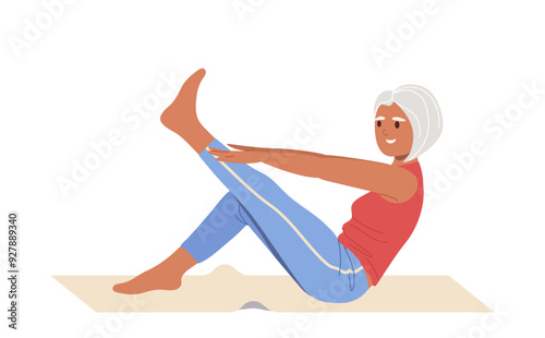 Aged retired gray-haired woman cartoon character practicing yoga on mat isolated on white background