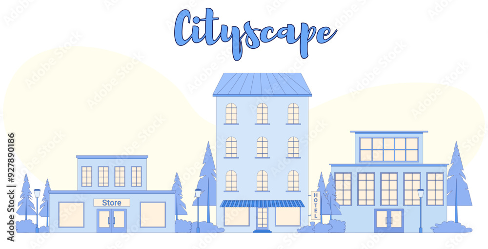 Obraz premium Cityscape. Cityscape in flat style. Linear style. Houses made of geometric objects. Buildings. Rental and booking. Housing. Illustration for a website, post, article, brochure, etc.