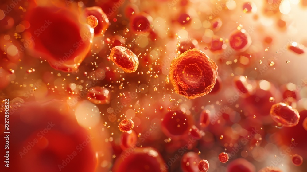 A detailed view of glucose molecules interacting with cells in the bloodstream. The scene shows the hexagonal ring structure of glucose surrounded by soft reds and browns of the blood. A detailed view of glucose molecules interacting with cells in the bloodstream. The scene shows the hexagonal ring structure of glucose surrounded by soft reds and browns of the blood.