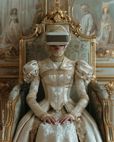 Historic portrait of a woman in baroque dress wearing a VR headset. Virtual reality, AI conceptual background