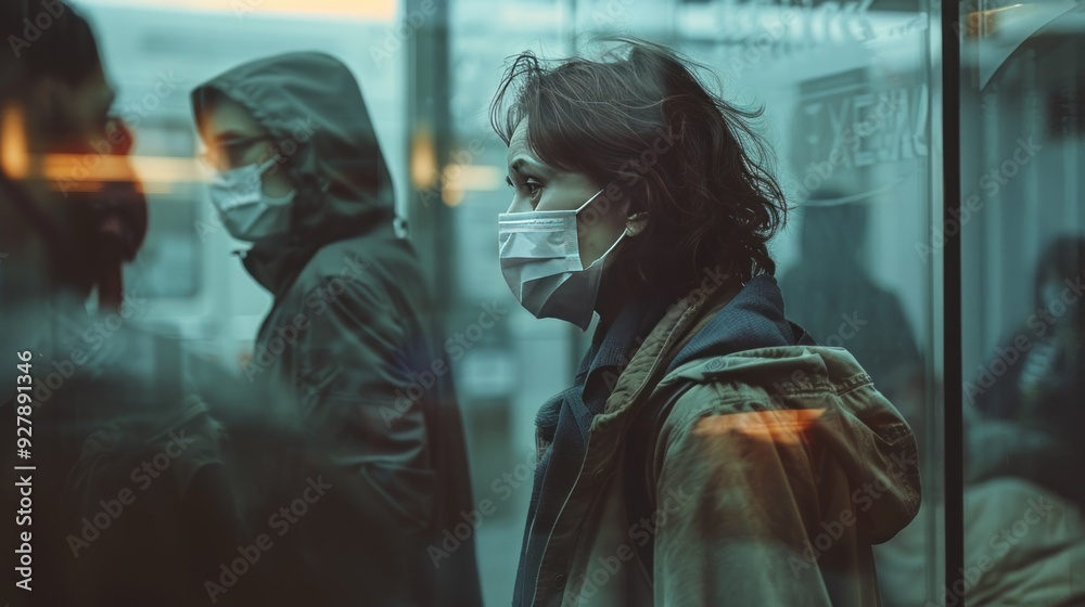 A somber scene of a family visiting a loved one in a quarantine facility, viewed through a glass window A somber scene of a family visiting a loved one in a quarantine facility, viewed through a glass window