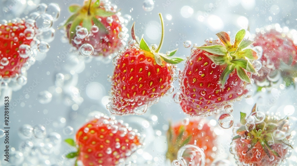 Juicy ripe strawberry fruit in water with bubble Juicy ripe strawberry fruit in water with bubble