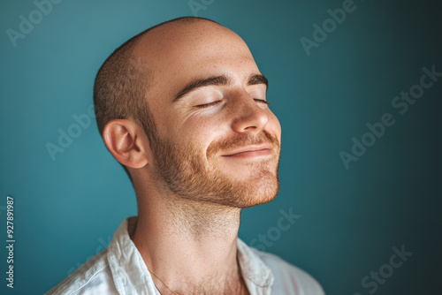 A close up of a man's face with his eyes closed