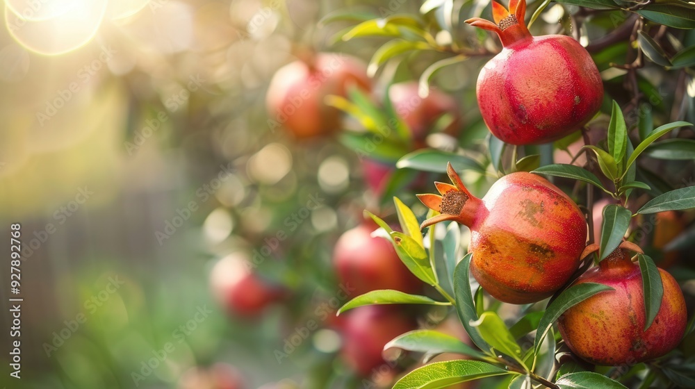 Fresh pomegranate fruit in plantation farm closeup view Fresh pomegranate fruit in plantation farm closeup view