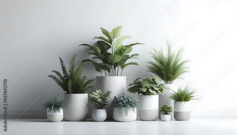 a row of potted plants are on a shelf with a white potted plant. a row of potted plants are on a shelf with a white potted plant.