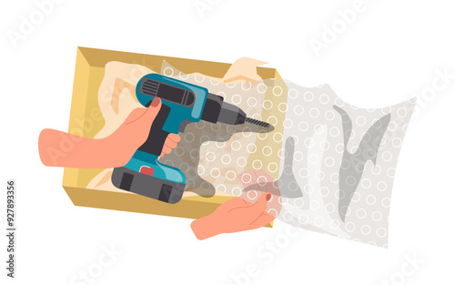 Female seller hands packing electric drill manual tool into bubble wrapping film and box container