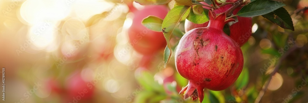 Fresh pomegranate fruit in plantation farm closeup view Fresh pomegranate fruit in plantation farm closeup view