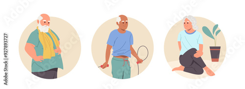 Happy old people cartoon character practicing sports training workout isolated round composition set