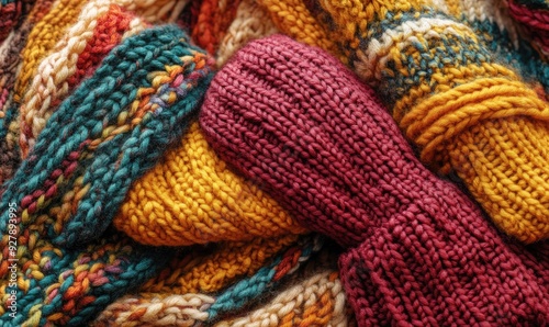 Colorful knitted gloves and scarves in warm shades