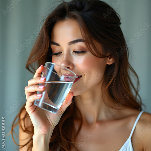 A lady is about to drink water.