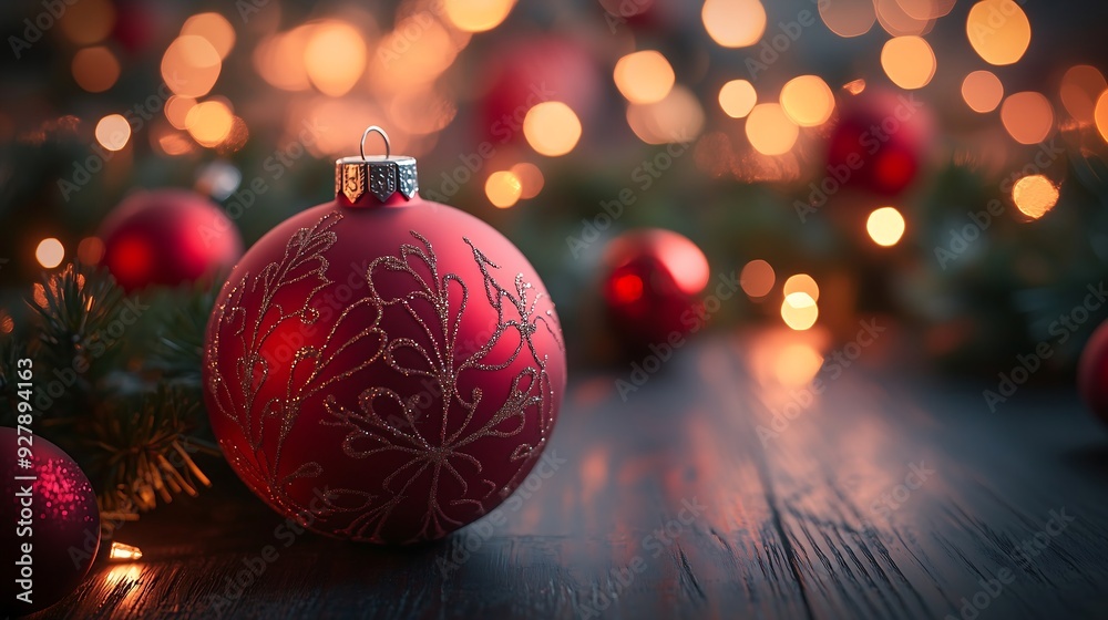 A Christmas tree adorned with a red ornament and a bow, set against a background of yellow lights A Christmas tree adorned with a red ornament and a bow, set against a background of yellow lights
