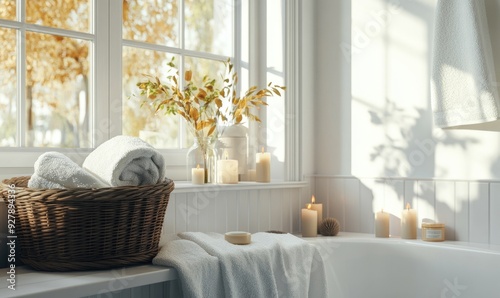 Wallpaper Mural A bathroom with white walls, a basket of autumn-colored towels and candles on the window sill Torontodigital.ca