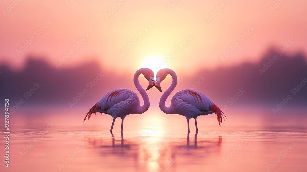 Naklejka premium A pair of flamingos with their necks intertwined in a heart shape, standing in a tranquil lake at sunset