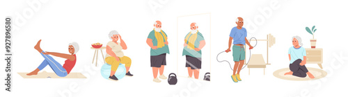 Senior people cartoon characters keeping fit enjoying yoga or training with dumbbells, skipping rope