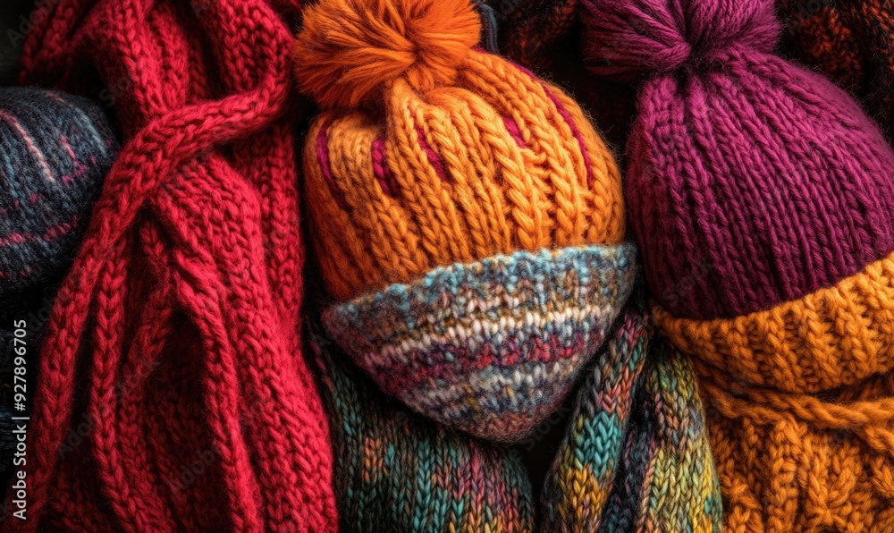 Vibrant knitted hats on a rustic wooden background Vibrant knitted hats on a rustic wooden background