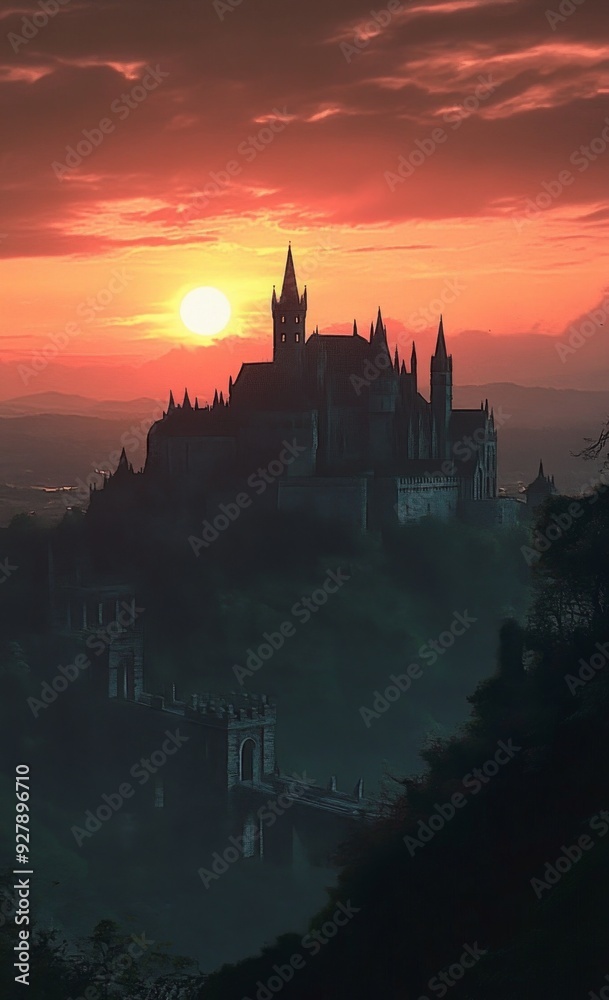Naklejka premium Sunset Over the Enchanted anime-style Ancient Castle: A Magical Historical Drama Landscape for Castle Tourism and Storytelling