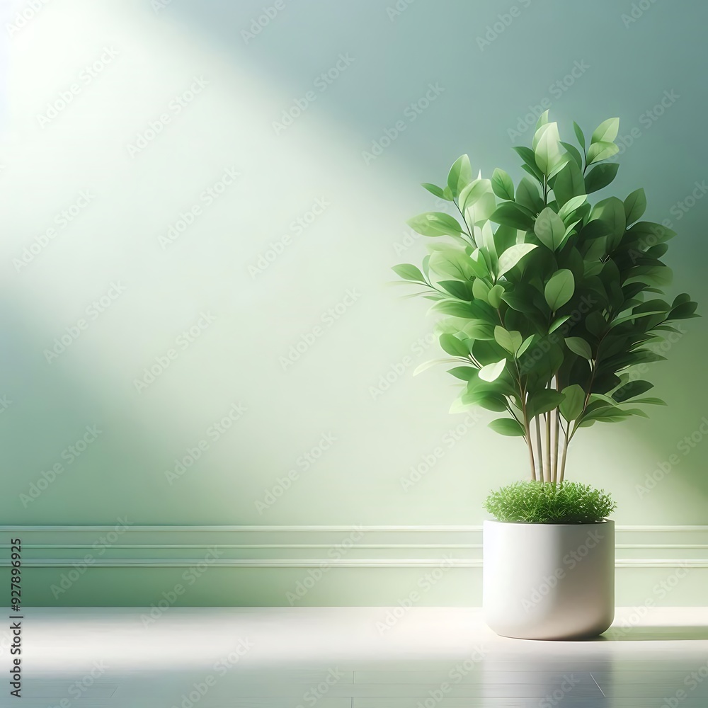 a plant in a white pot is in front of a green wall. a plant in a white pot is in front of a green wall.