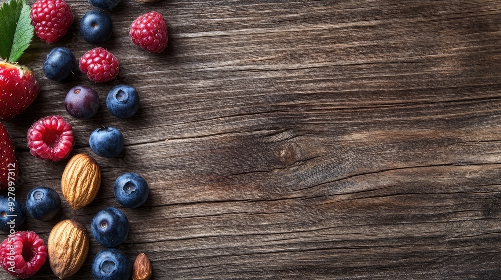 A background of fresh berries and nuts on a wooden table, with clear space for text or branding. A background of fresh berries and nuts on a wooden table, with clear space for text or branding.
