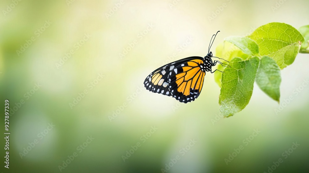 Monarch butterfly emerging from its chrysalis on a green leaf Monarch butterfly emerging from its chrysalis on a green leaf